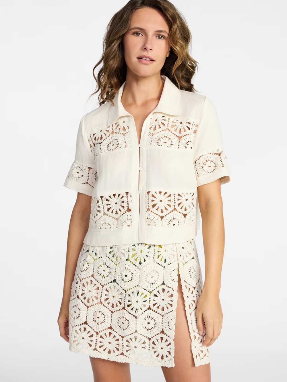 Time and Tru Cream Crochet Button-Front Coverup Set